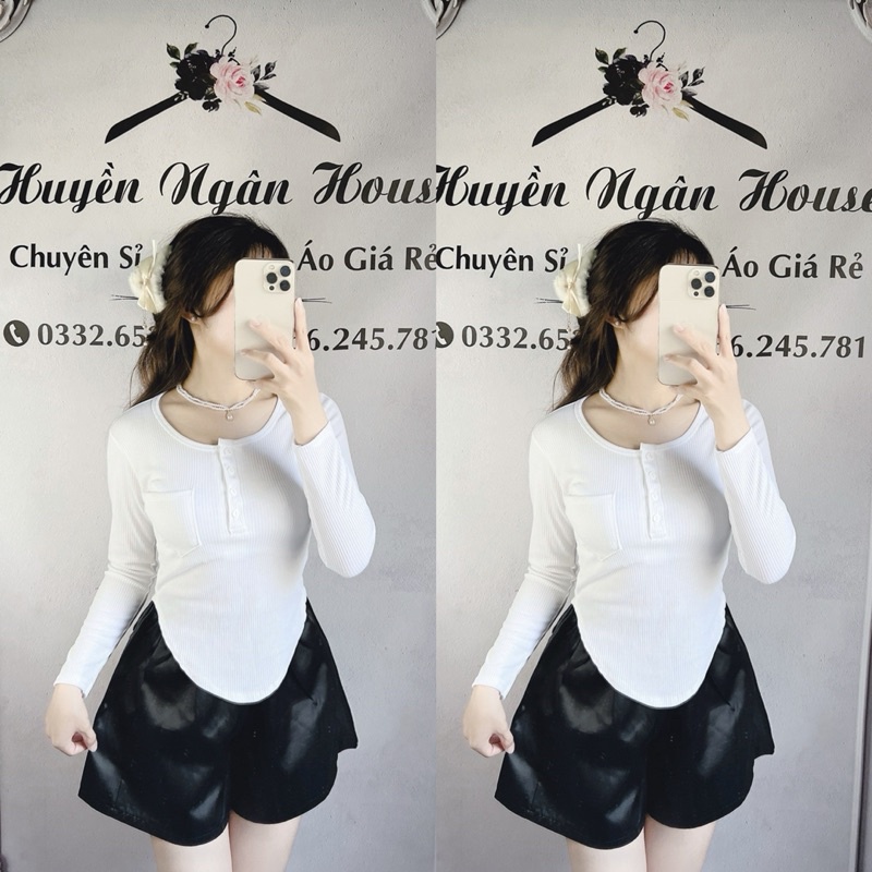 Áo croptop tay dài cúc cài phối túi
