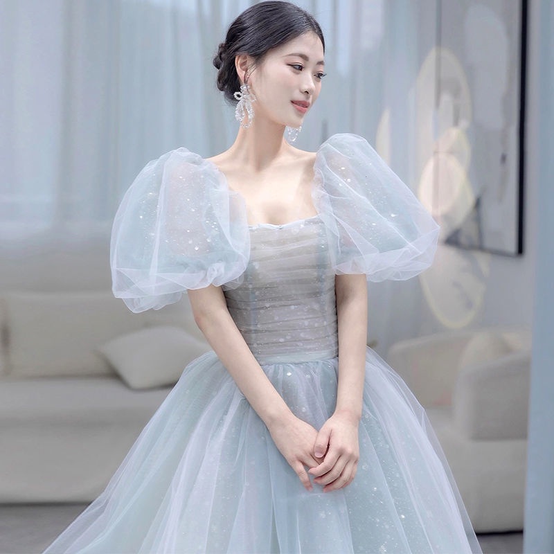 Đầm Dài Mỏng Tay Ngắn Màu Xanh Dương Thanh Lịch Thời Trang Dự Tiệc Cho Nữ