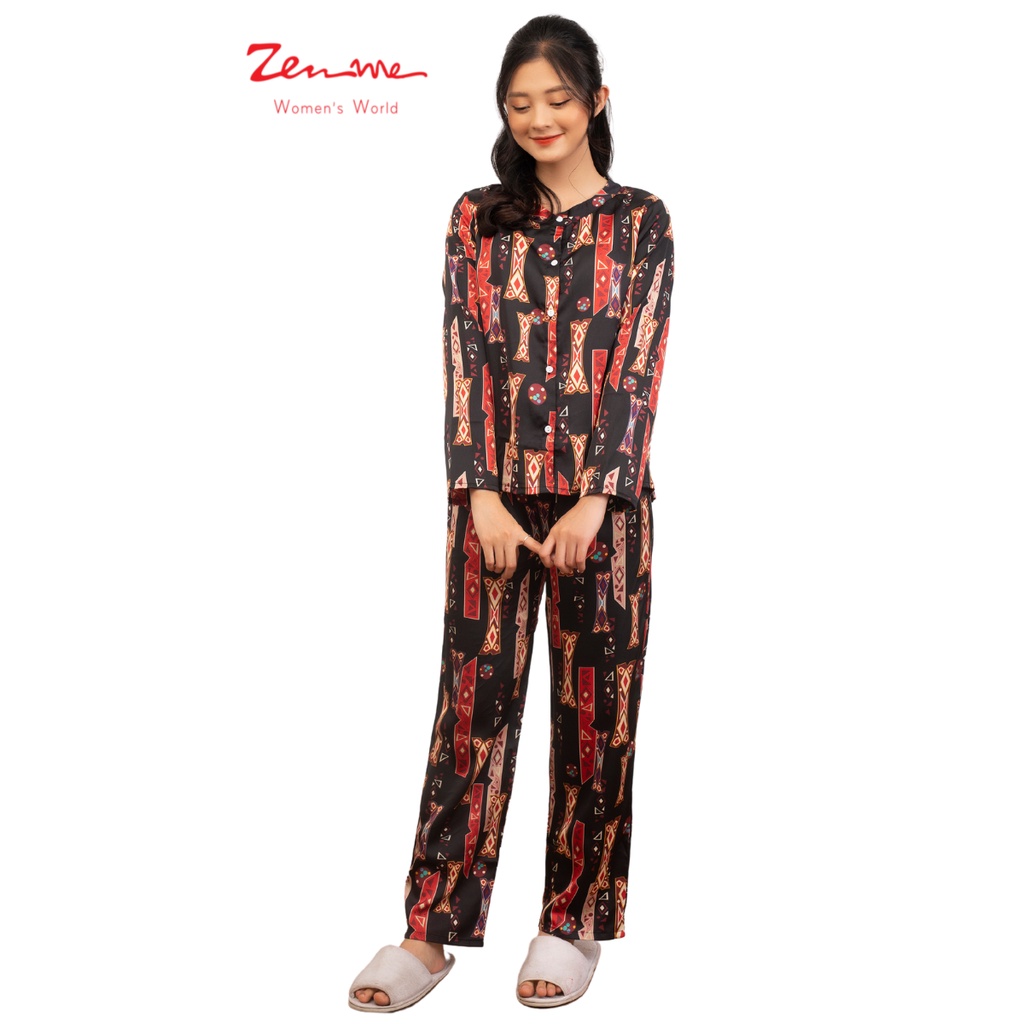 Đồ Bộ Nữ Zen Me Bộ Mặc Nhà Cổ Tàu Tay Dài Quần Dài Chất Lụa Satin Cao Cấp Họa Tiết Thổ Cẩm Lạ Mắt | BigBuy360 - bigbuy360.vn