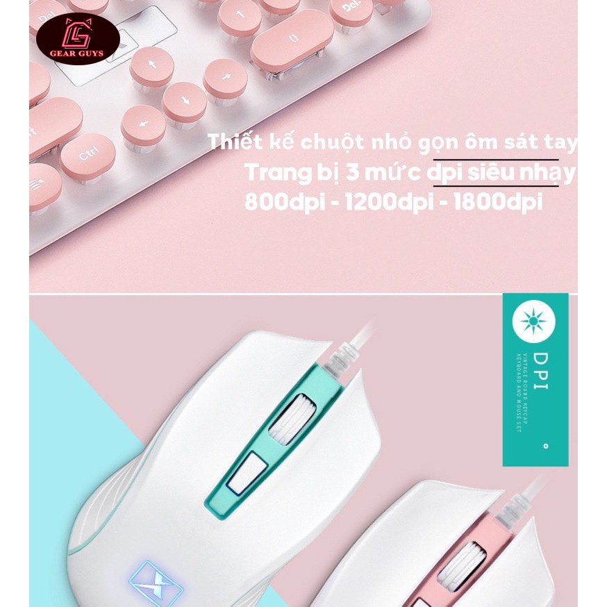 Bộ bàn phím và chuột N518 màu hồng phấn màu xanh biển cao cấp có đèn LED sáng thiết kế phím tròn nổi bật