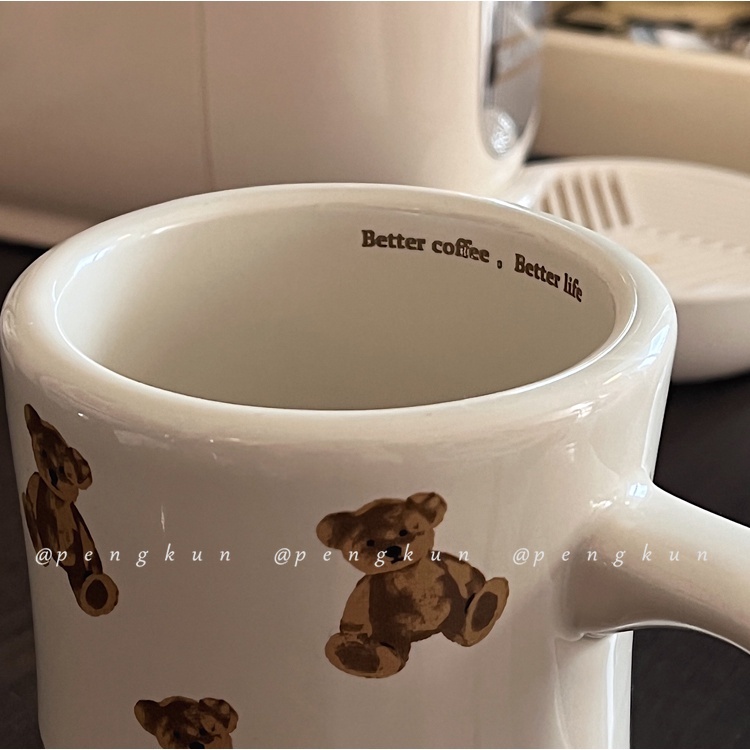 Cốc uống nước cà phê sữa cho bữa sáng kiểu Pháp bằng gốm họa tiết gấu kem mũm mĩm dễ thương