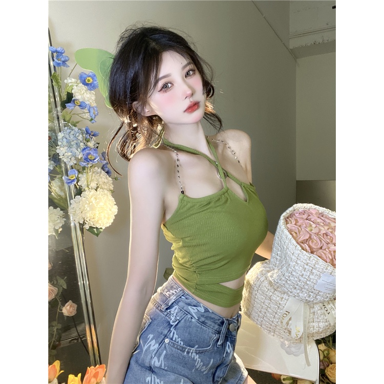 Áo Ống Ngắn Hai Dây Màu Xanh Lá Trơn Thời Trang Hàn Quốc Cho Nữ