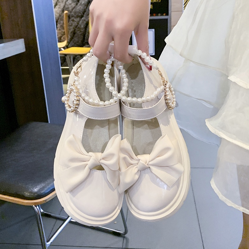 Giày Búp Bê Da Bóng Mũi Tròn to Đính Tua Rua Phối Dây Xích Kim Loại Kiểu Lolita Dễ Thương Cho Nữ