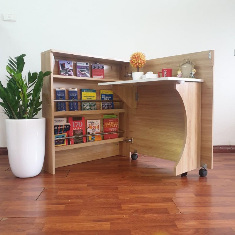 Bàn làm việc học tập kết hợp tủ sách gấp gọn nhiều ngăn chất liệu gỗ cao cấp