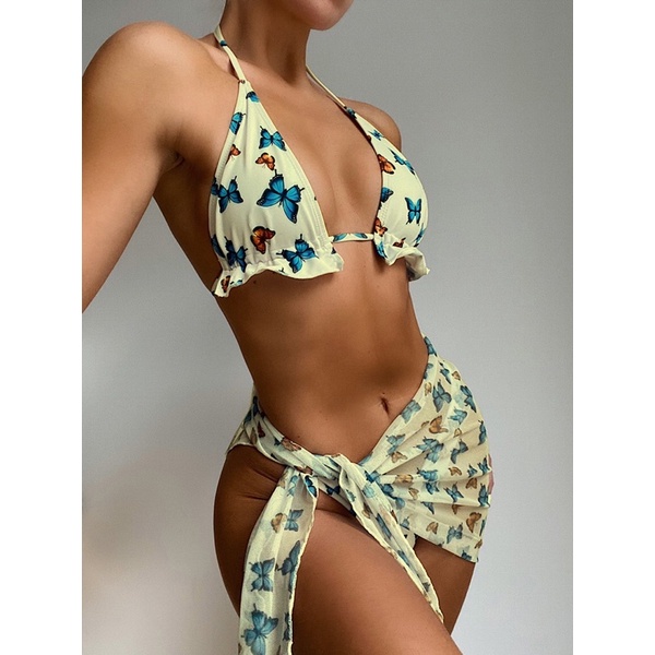 [BKN1078] &lt;ÂU&gt; SET BIKINI 3 MÓN HOẠ TIẾT HỒ ĐIỆP KÈM KHĂN HÔNG 4 MÀU BE/TRẮNG/TÍM/HỒNG