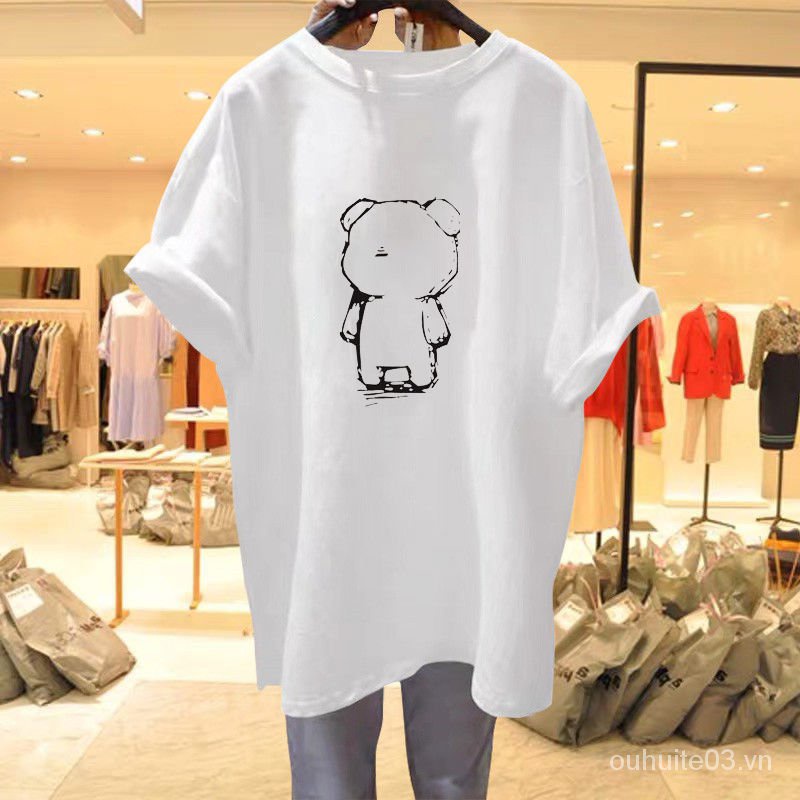 100%Cotton Short-SleeveTT-shirt Women's2021Summer Korean Style Loose Mid-Length White Half-Sleeve T-shirt Top