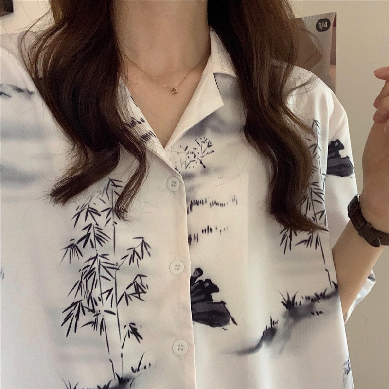 Áo Sơ Mi Tay Ngắn In Họa Tiết retro Thời Trang Cho Nữ