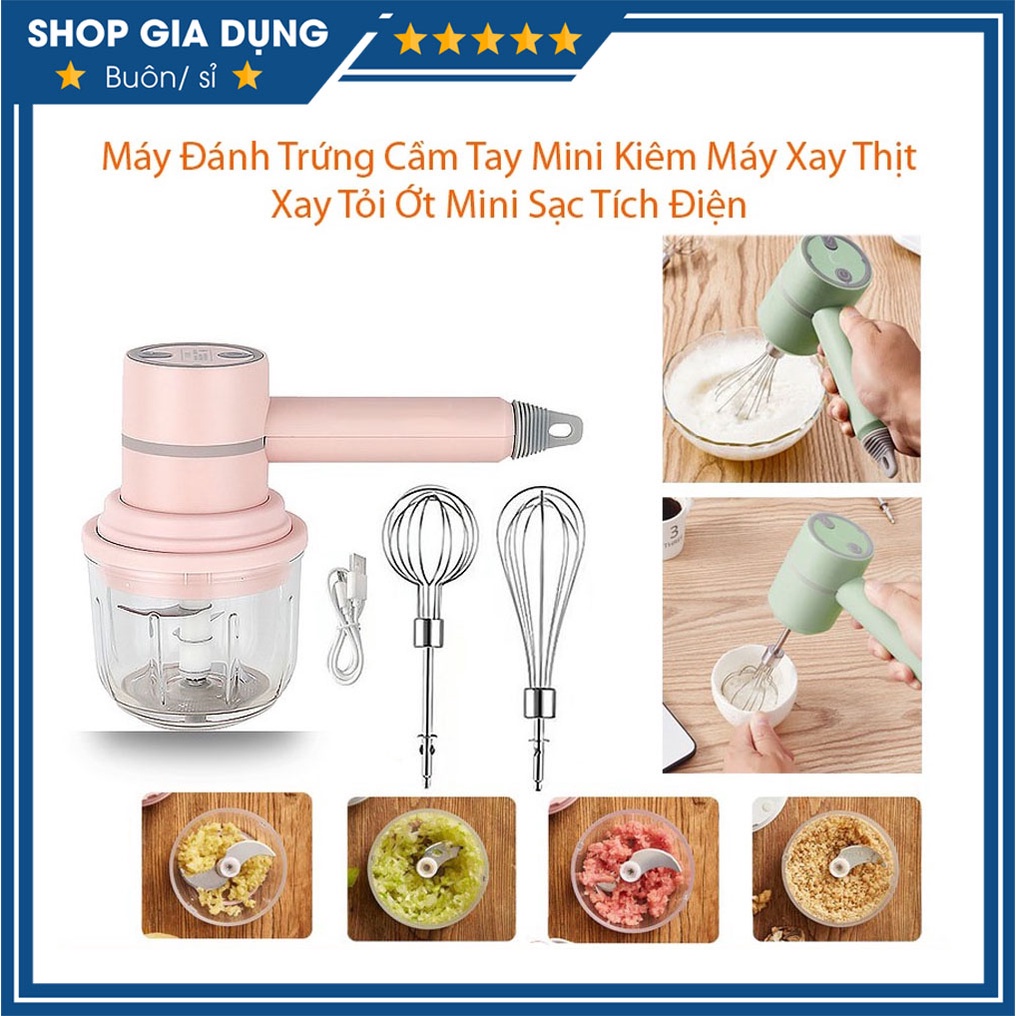 Máy Đánh Trứng 2 In 1 Cầm Tay Kiêm Xay Thịt, Xay Tỏi Ớt 3 Chế Độ Sạc Tích Điện, Máy Đánh Trứng Làm Bánh Kem