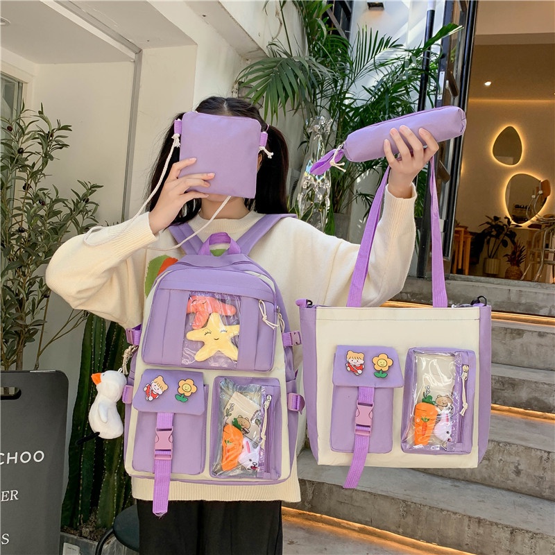 Balo set 4 Món Nam Nữ Basic ComBo 4 Món Hàn Quốc Dễ Thương, Balo Nữ Đi Học Thời Trang Nhiều Ngăn
