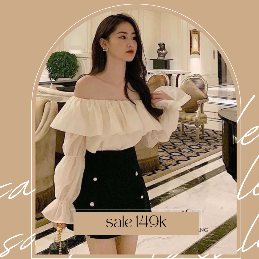 Áo trễ vai nữ chất organza xốp bèo ngực tay bo chun trắng, be thời trang nữ Alora