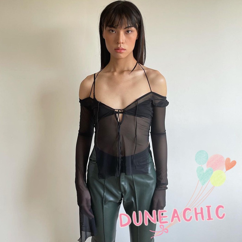 DUNEA Áo Kiểu Tay Dài Phối Lưới Xuyên Thấu Quyến Rũ Cho Nữ