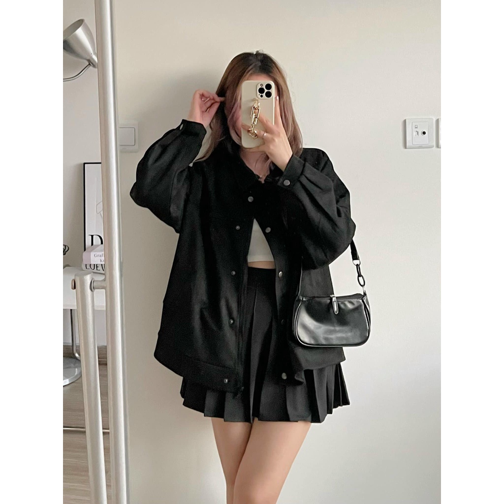 Áo khoác da lộn 2 lớp cổ bẻ dáng unisex cúc bấm