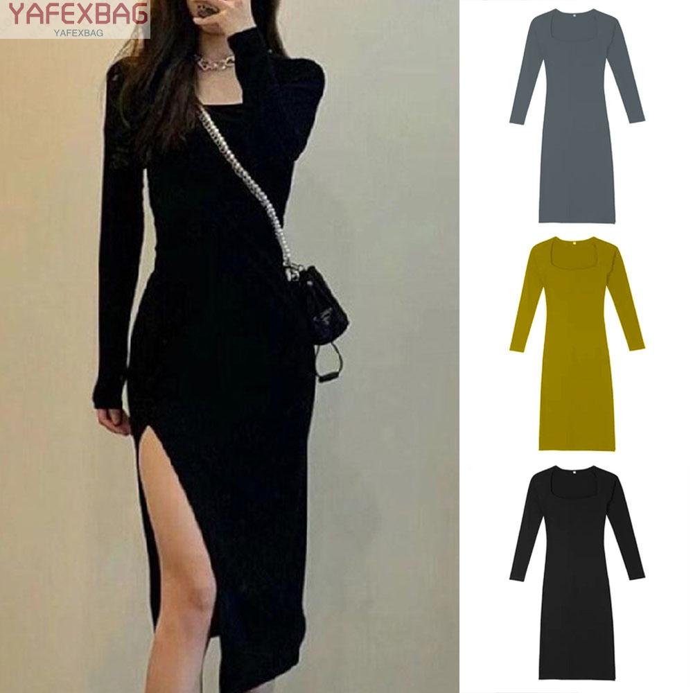 Womens Dress 3 Colors Hip Skirt Long Sleeves Split Square Collar S~3XL