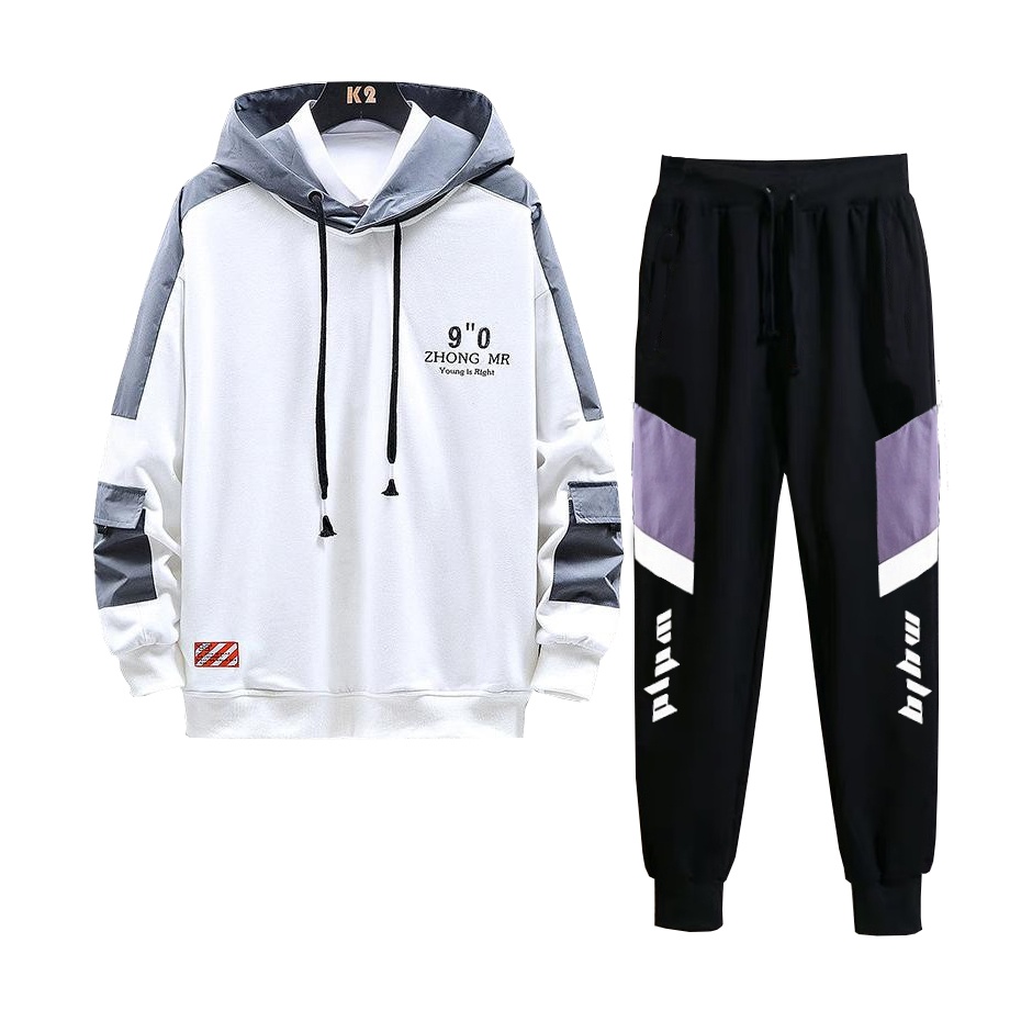 Set Bộ 2 Món Quần Dài + Áo Hoodie Nón Nam Nữ Unisex Chất Vải Nỉ CB2_MQU076THDEF6_WAH059NO (Dọc Tím Mula + Chữ Zhong Mr)