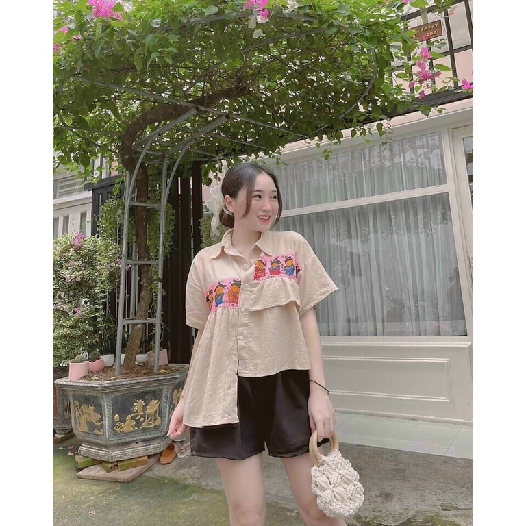 [ Miễn phí ship 2022 ] Set áo sơ mi vạc lệch, bộ chéo tà in hình cute quần short đen đi chơi mặc nhà dễ thương