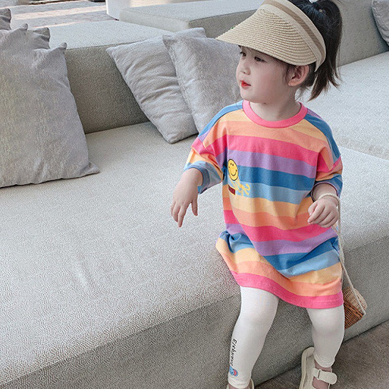 Đầm thun tay ngắn dáng rộng họa tiết kẻ sọc nhiều màu sắc phong cách hàn quốc thời trang mùa hè cho bé gái