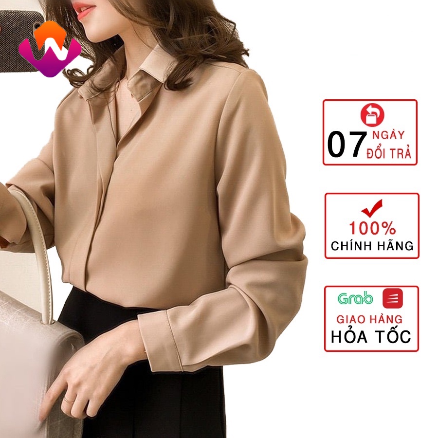 Áo sơ mi công sở nữ đẹp kiểu Hàn Quốc form rộng tay dài chất lụa cao cấp màu Trắng Be Đen Xanh HSU