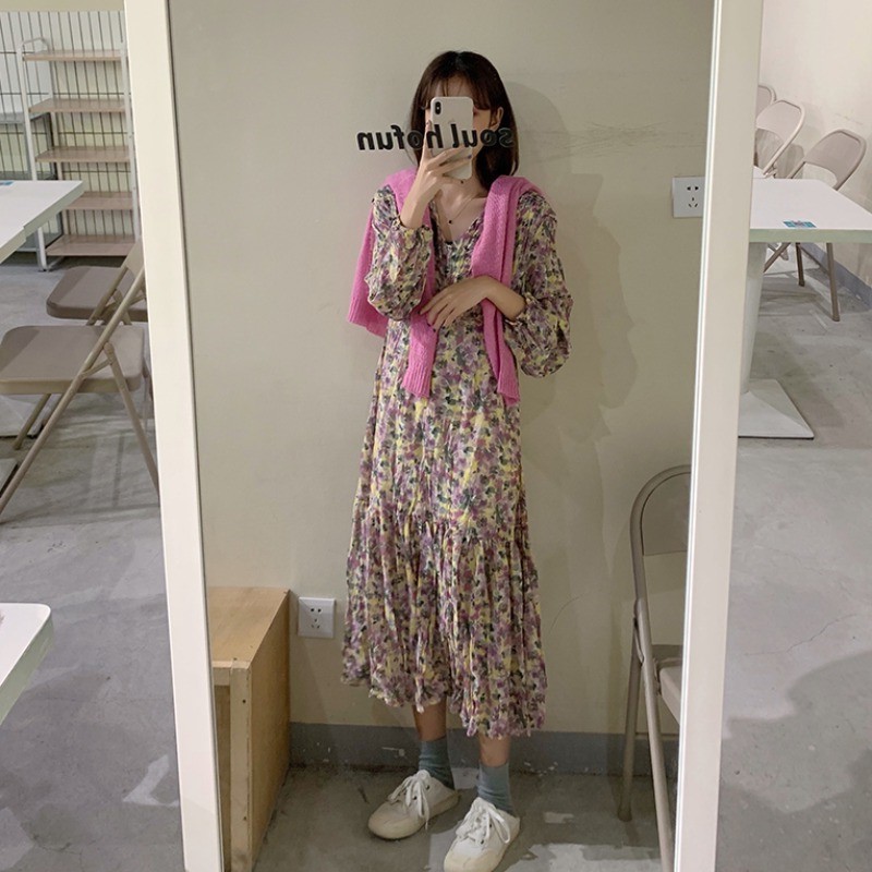 Đầm voan hoa đuôi cá cổ V dài tay tiểu thư phong cách Hàn Quốc ulzzang