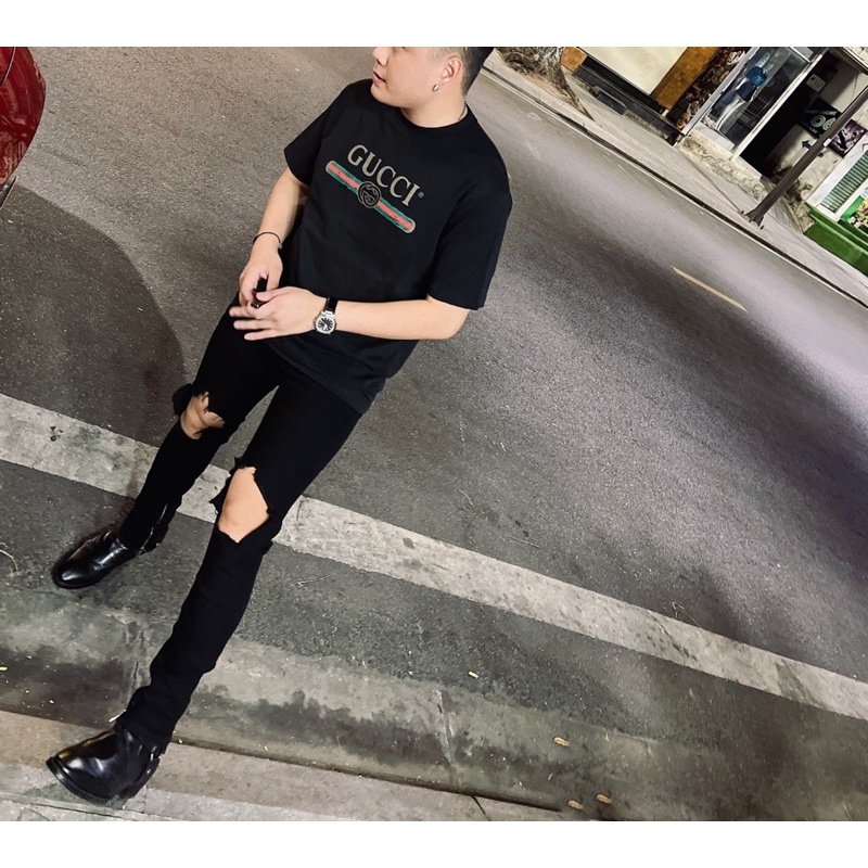 Quần Jean Zipper Đen Nam Rách Thủng Gối Phối Khoá Ống QJ132P