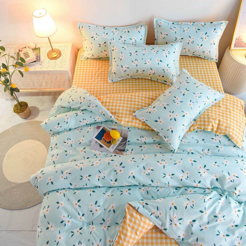 Bộ Drap Giường 5 Món Cotton Hoa Xanh Phối Vàng Cực Đẹp M2-M4-M6-M8x2M