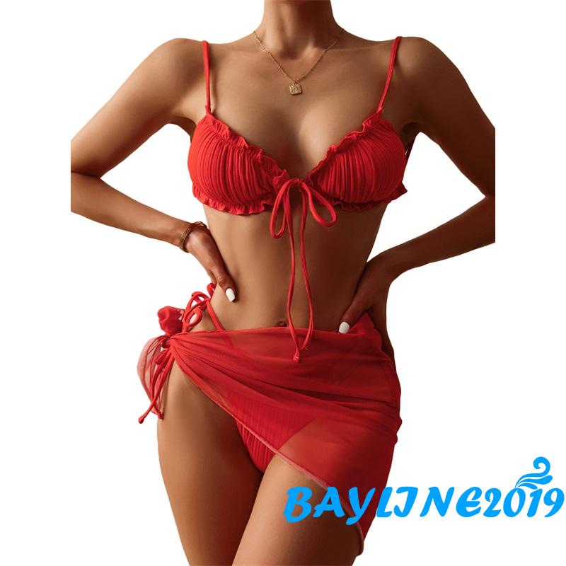 Set Bikini Màu Trơn Nhún Bèo + Quần Lót Ren + Áo Lưới Xuyên Thấu Quyến Rũ Cho Nữ