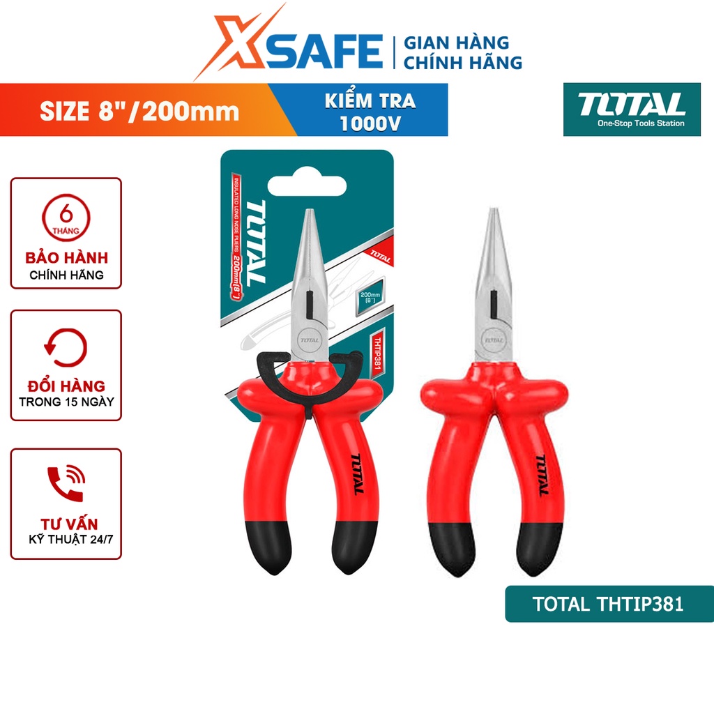 Kìm mỏ nhọn dài cách điện 1000V TOTAL THTIP381 8inch, chất liệu thép CR-V siêu bền cứng cắt tuốt dây điện - chính hãng