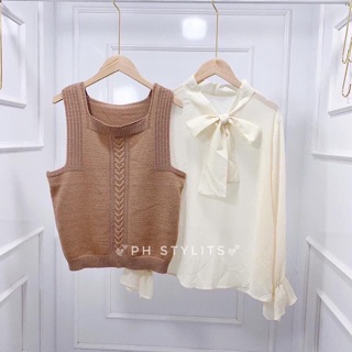 Set áo gile len sơ mi cổ nơ
