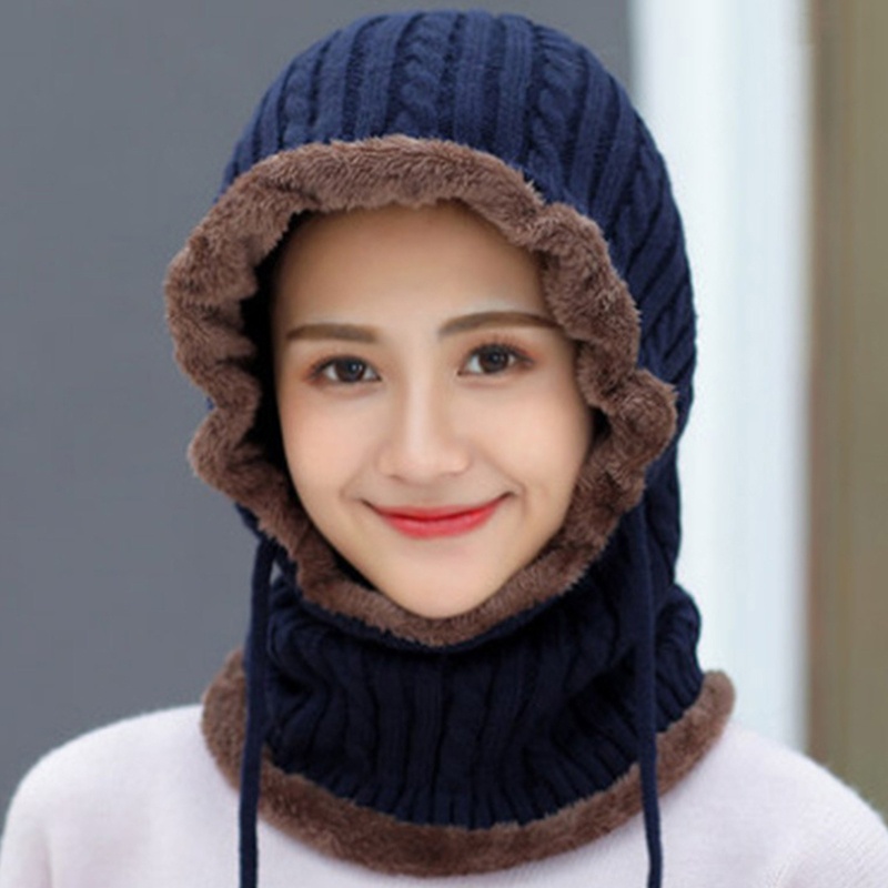 Mũ Beanie Dệt Kim Vải Lông Cừu Dây Rút Thời Trang Mùa Đông