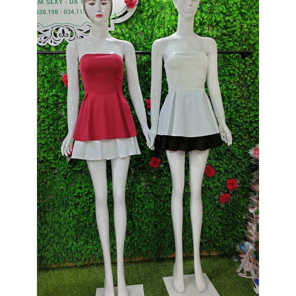 Sét đầm nữ áo cúp ngực chất Liệu Umi bèo bụng phối chân váy xòe đen, váy đẹp đi tiệc.
