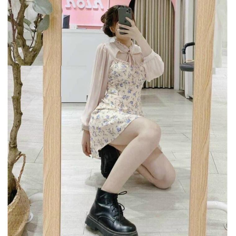 Váy đầm nữ dáng xòe hoa nhí cổ nơ khoét ngực dễ thương | BigBuy360 - bigbuy360.vn