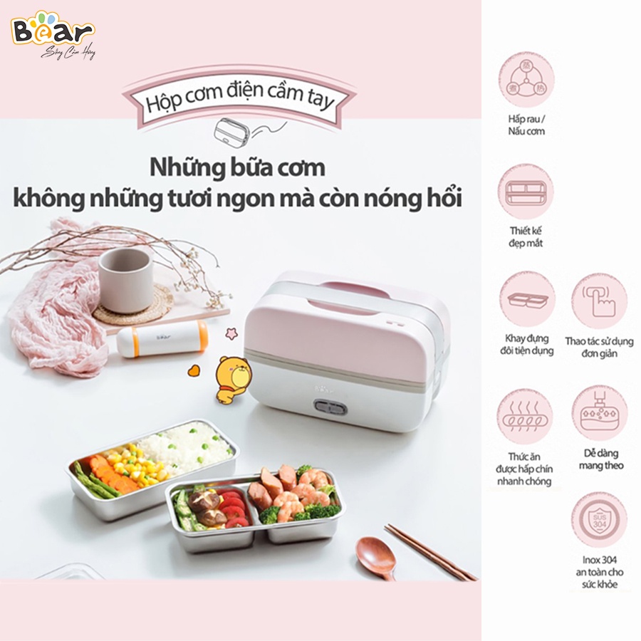 Hộp Cơm Điện Đa Năng Bear DFH-B10J2  màu hồng kem, thiết kế 3 ngăn.