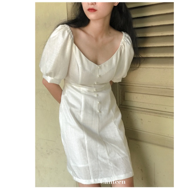 Đầm linen tay bồng đính hạt