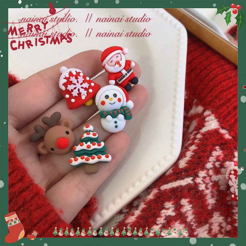 Độc quyền mới giáng sinh đinh tai ~ cute bell Santa Claus đinh tai kẹp tai nhựa nai đinh tai ngọt ngào giáng sinh người tuyết đinh kẹp tai đinh
