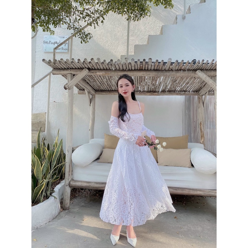 SET ĐẦM REN DỰ TIỆC HAI DÂY KÈM KHOÁC NGOÀI