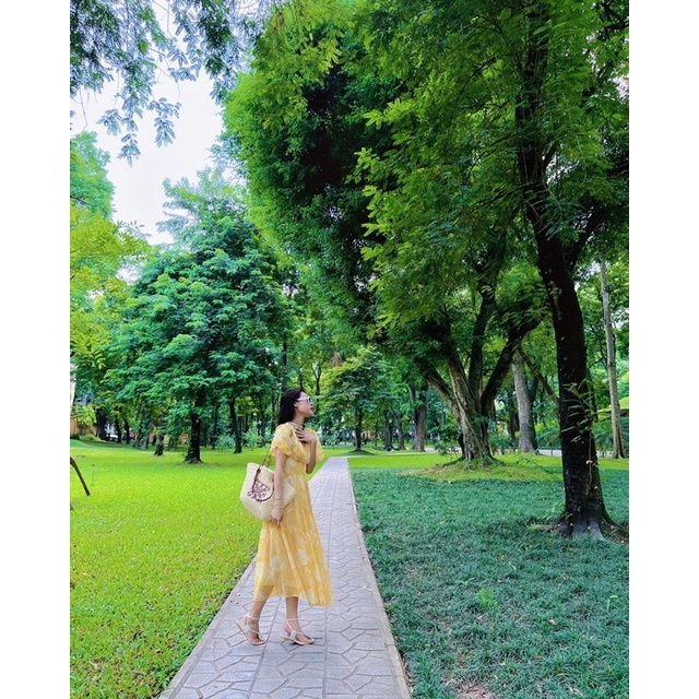 Đầm maxi dài chất tơ xước bồng bềnh cổ V tay bồng