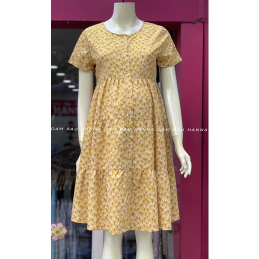 [HANNA] Đầm bầu baby doll cho bé bú mặc bầu và sau sinh cởi nút cho bé bú tiện lợi vải lụa cao cấp thoáng mát mùa hè