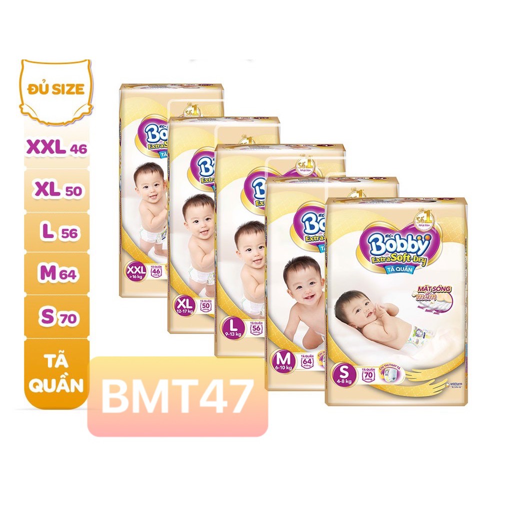 [ĐỦ SIZE] Tã quần Bobby Extra Soft Dry S70/M64/L56/XL50/XXL46