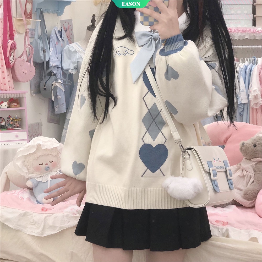 Sanrio Áo Khoác Sweater Chui Đầu Cổ Chữ V Dáng Rộng Thêu Hình Chú Chó Yugui Jk Phong Cách Nhật Bản Cho Sinh Viên [Ướt]