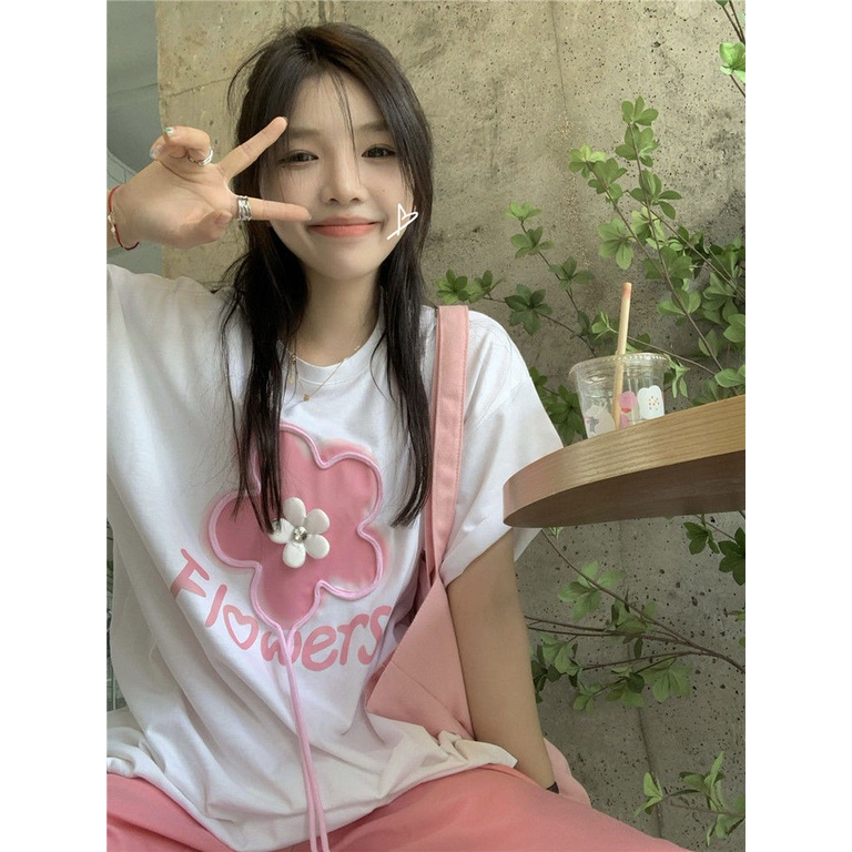 Áo Thun Ngắn Tay In Họa Tiết Hoa Ba Chiều Phong Cách Hàn Quốc Mới Cho Nữ