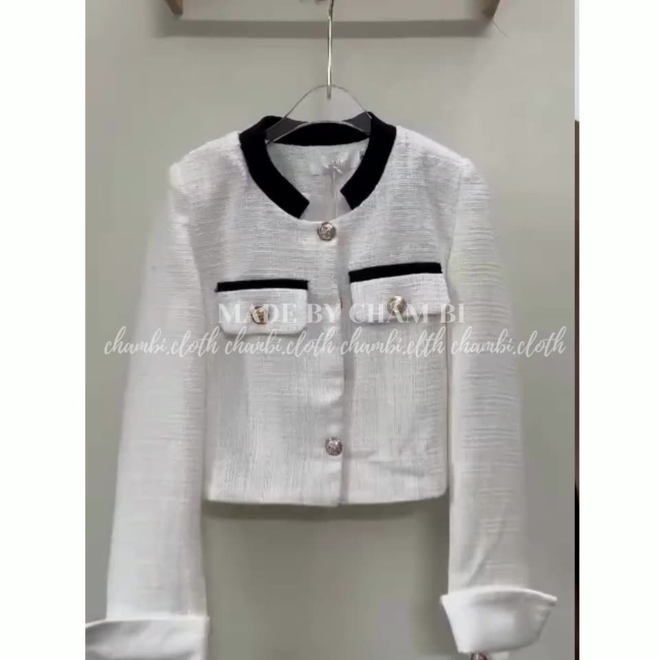 Áo khoác dạ tweed nữ AP.366, Áo khoác dáng ngắn dài tay cổ viền đen túi hộp ngực sang chảnh - Thời trang nữ Chấm Bi | BigBuy360 - bigbuy360.vn