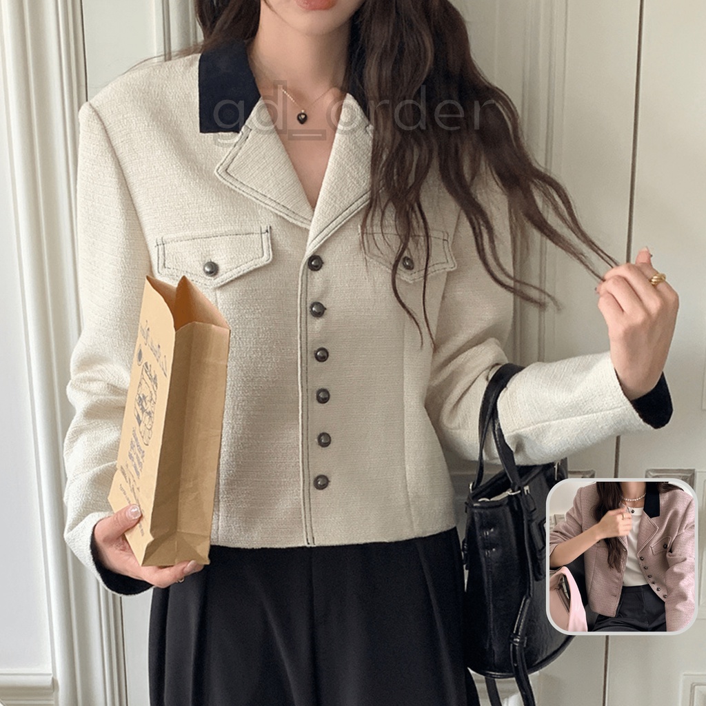 K55|Áo khoác nữ hàn quốc dạ giữ ấm dáng ngắn chỉ nổi cổ V dài tay công sở thanh lịch gd_order