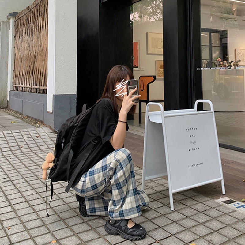 Quần thể thao IELGY ống rộng in sọc caro phong cách Hàn Quốc thời trang cho nữ