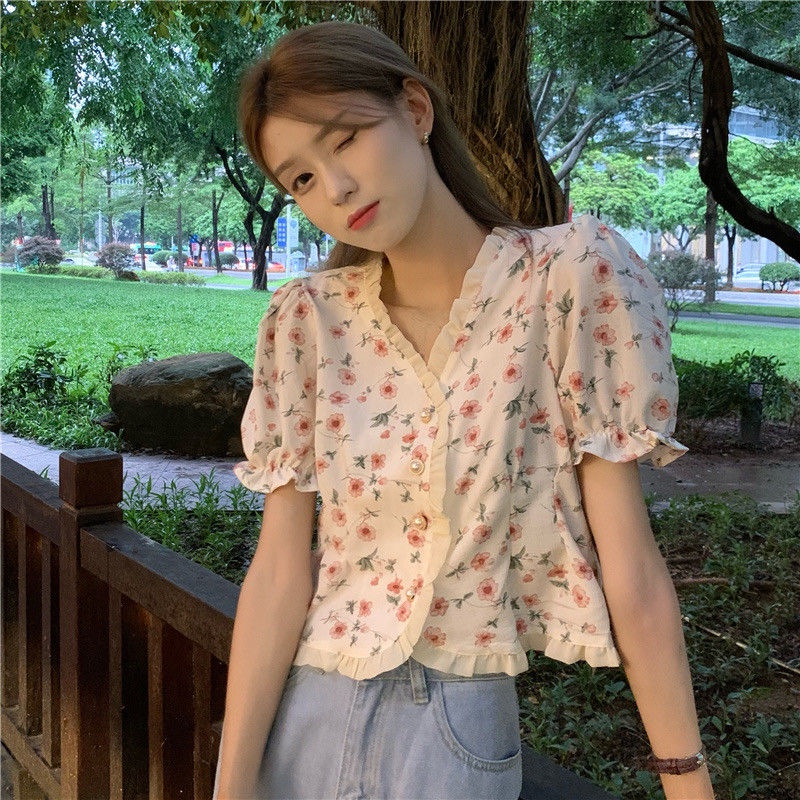 Áo sơ mi tay ngắn cổ chữ v họa tiết hoa thời trang mùa hè cho nữ áo phông nữ jl-tx-116
