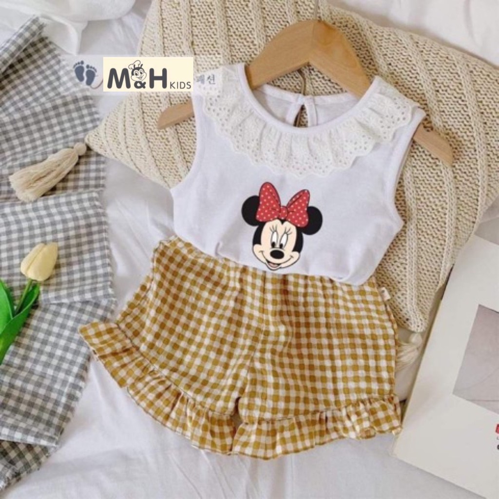 Bộ mickey cổ ren quần sọc bé gái