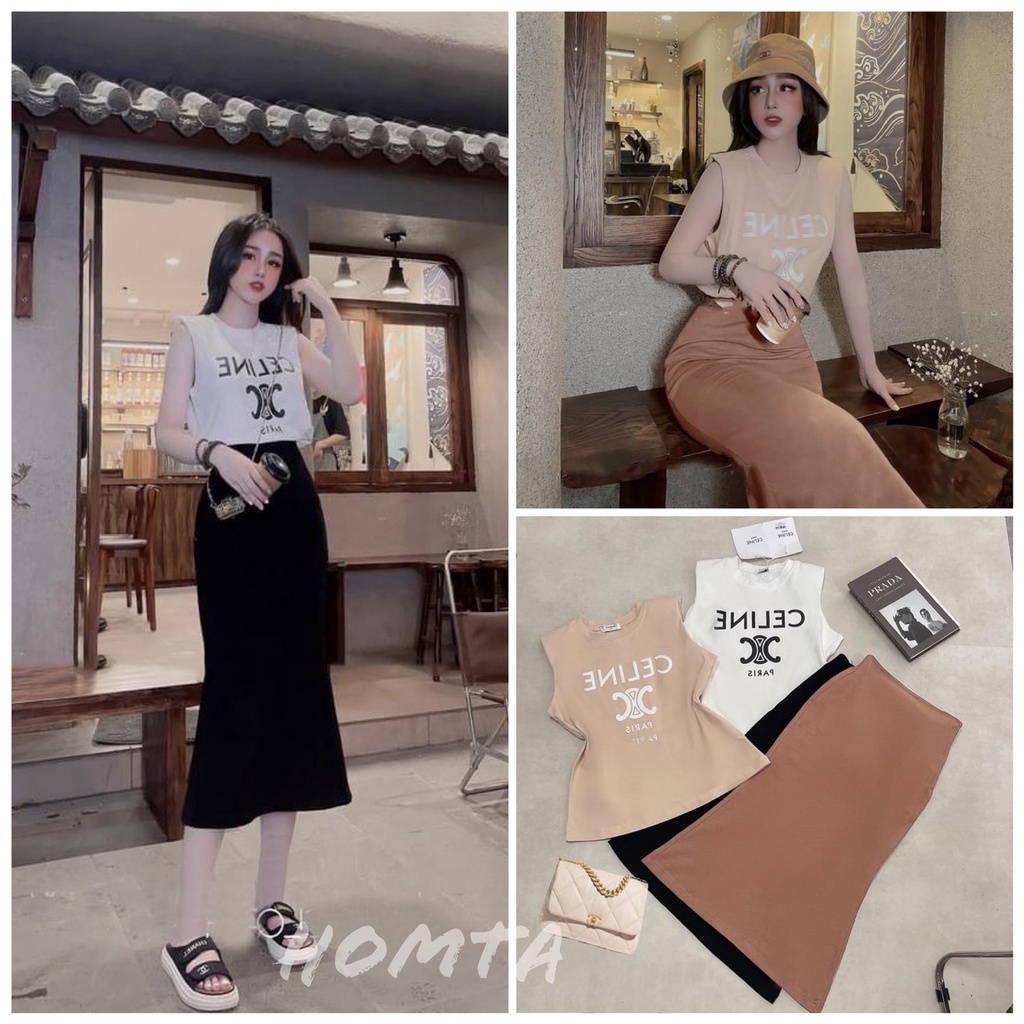 Set Áo Kèm Chân Váy In Chữ Ce line Kèm Hình Thật