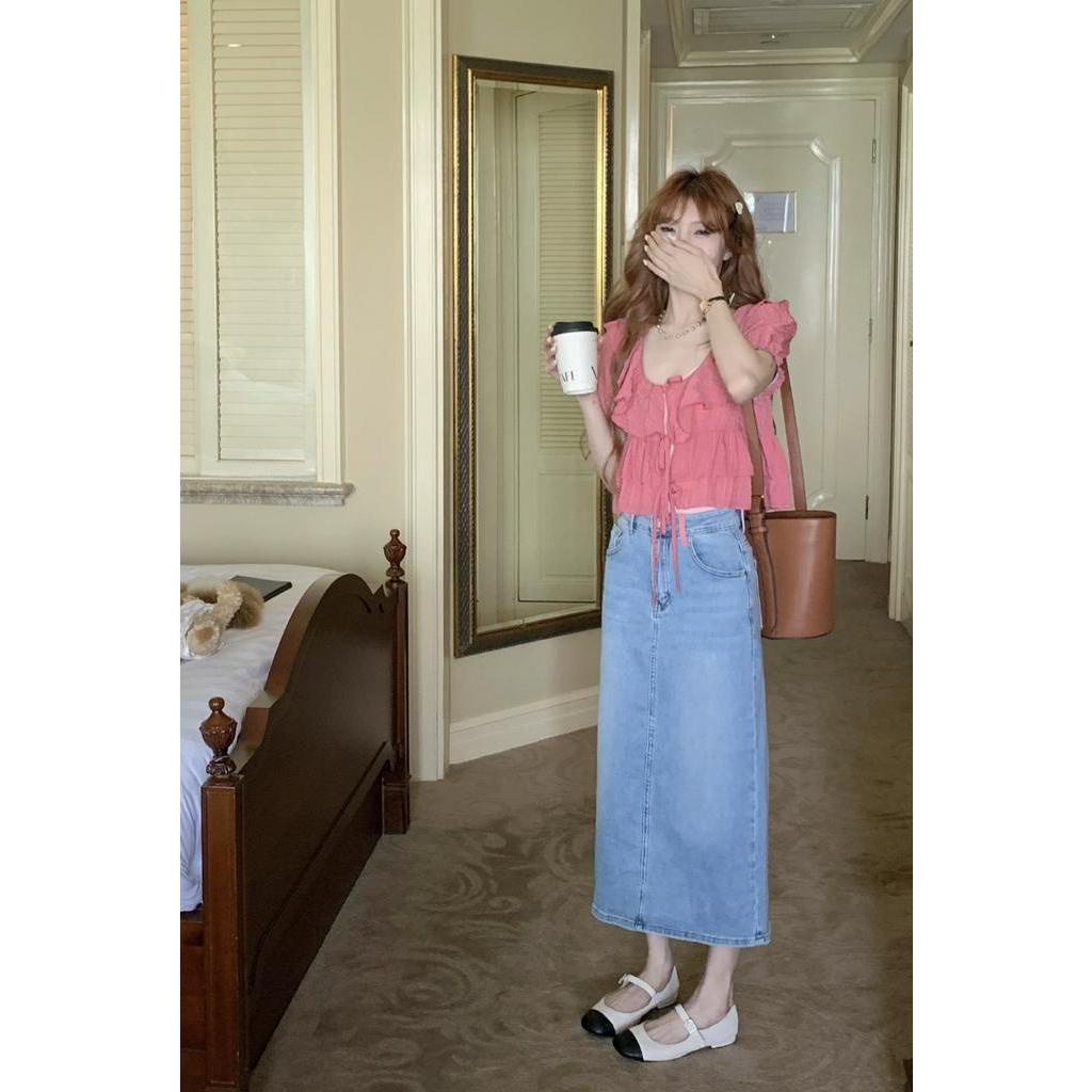 Chân Váy Denim Dáng Dài Thêu Họa Tiết Phong Cách Retro 63542