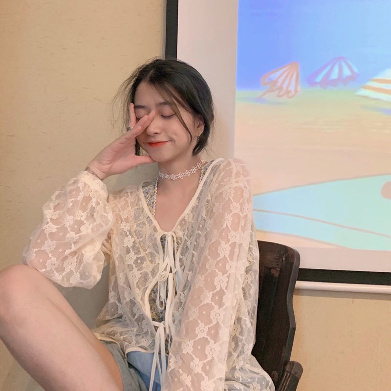 Set áo khoác ren dài tay + áo hai dây hoa phong cách Hàn Quốc xinh xắn cho nữ (có bán lẻ)