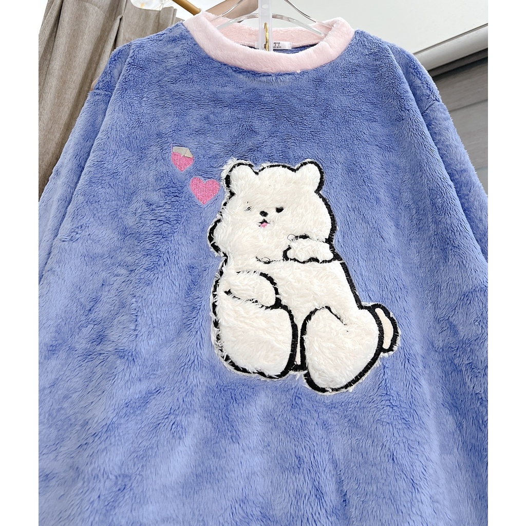 Bộ Lông Cừu Cao Cấp Unisex Nam Nữ Thêu Gấu Dáng Rộng Mặc Nhà Mùa Đông Ấm Uzzlang