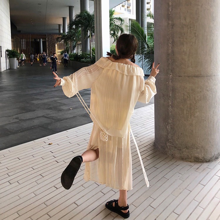 Áo trễ vai nữ bánh bèo tiểu thư chun tay chân váy dài xẻ form rộng phong cách vintage