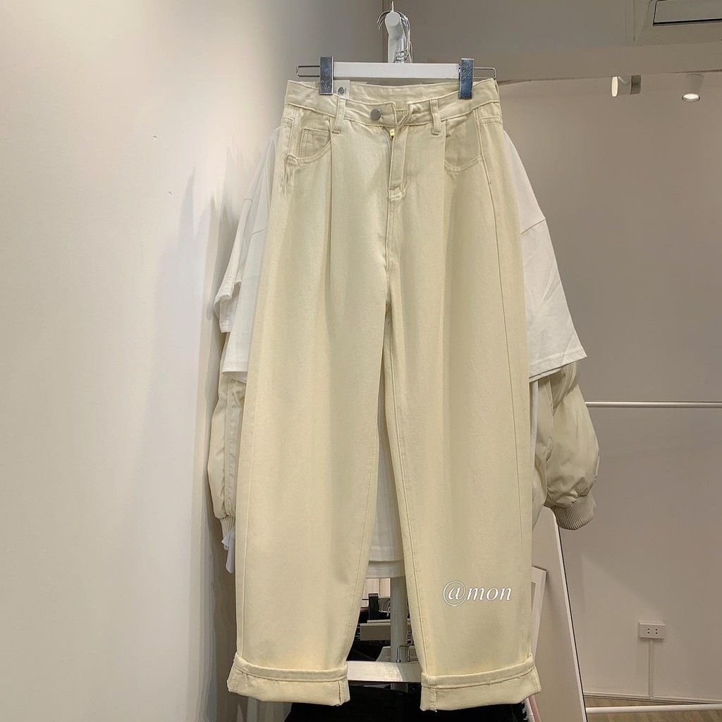 2101354 Quần baggy ống rộng dáng suông túi nhúm ulzzang cho nữ màu be có size | BigBuy360 - bigbuy360.vn